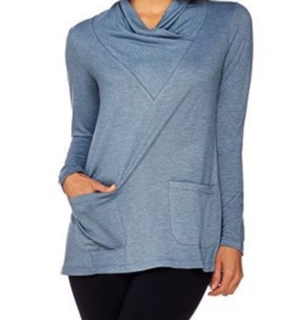 LOGO Lounge Lori Goldstein French Terry Shawl Neck Top Blue Womens XXS